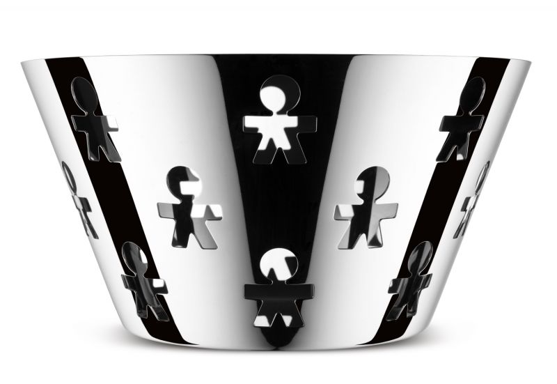 Girotondo Obstschale von Alessi, aus glänzendem Edelstahl mit ausgeschnittenen Figuren, modernes Design für Obst und Dekoration.